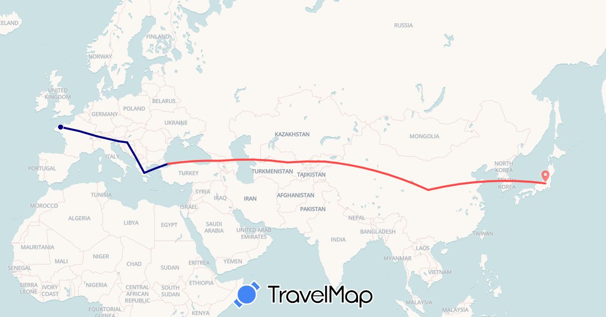 TravelMap itinerary: driving, hiking in Switzerland, China, France, Georgia, Greece, Croatia, Japan, Kyrgyzstan, Slovenia, Turkey, Uzbekistan (Asia, Europe)